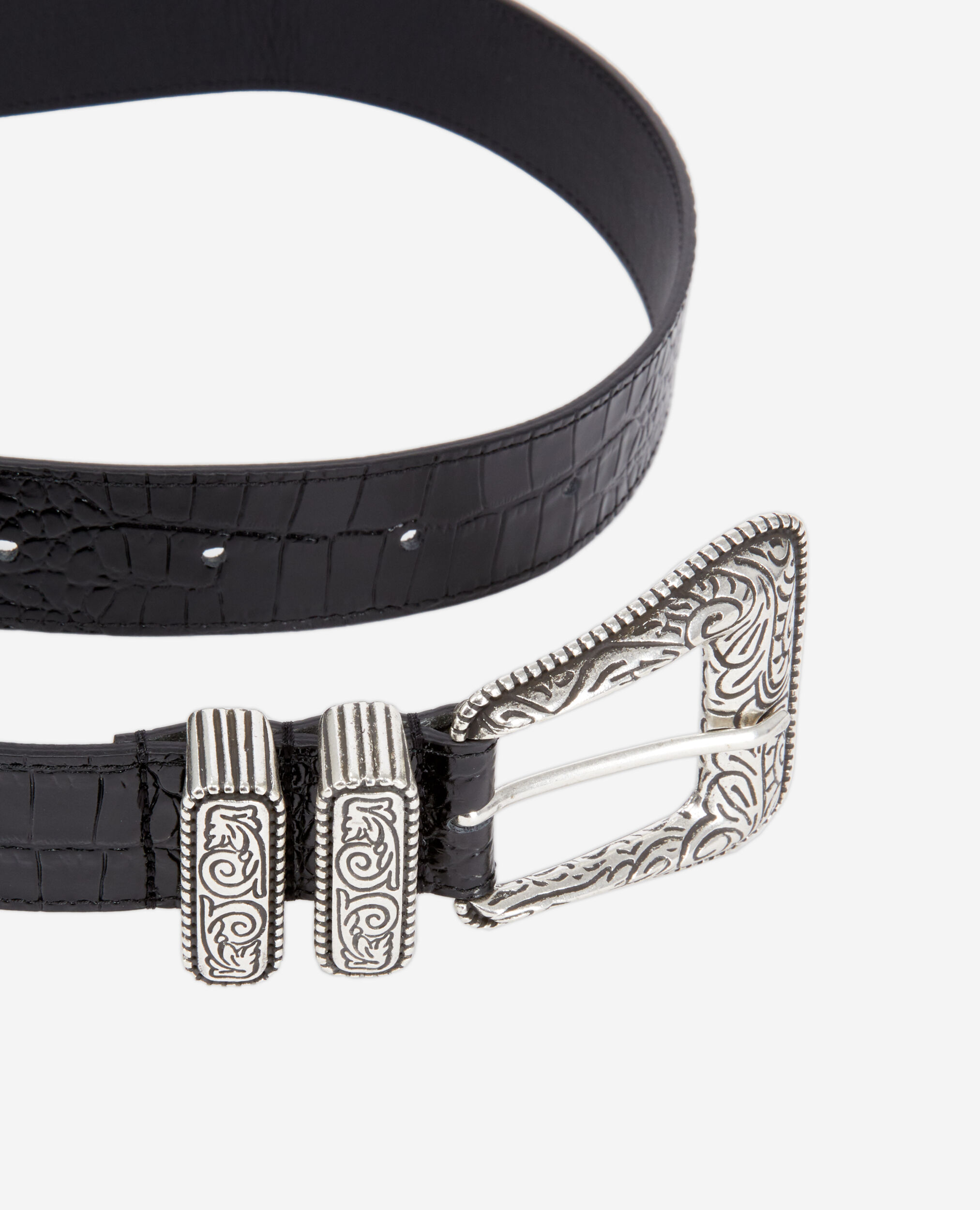 Ceinture en cuir noir effet crocodile avec boucle Western