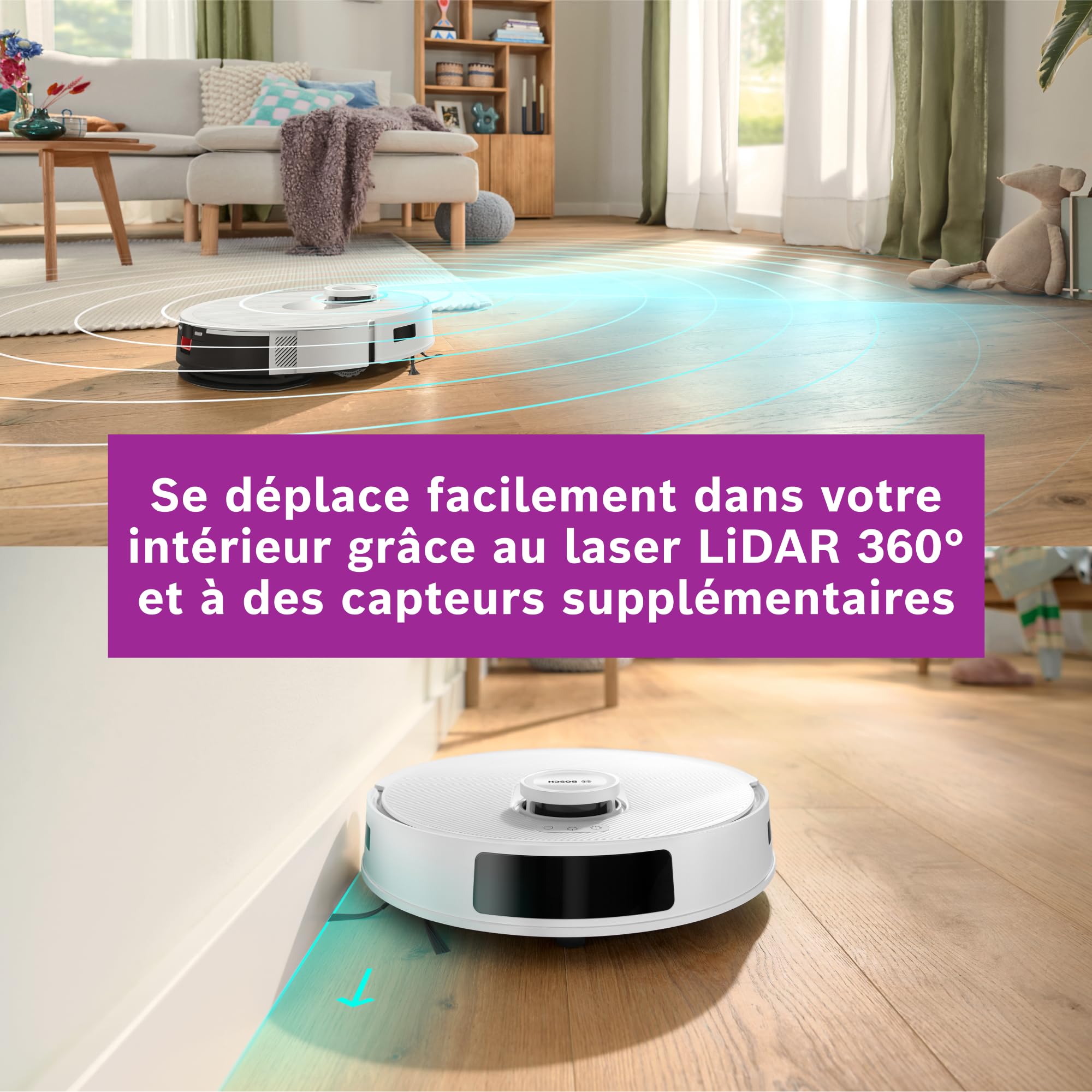 Bosch Spotless + BCRD1W Robot aspirateur-Laveur, 11 000 Pa, serpillère Statique, Station de Service, Navigation Smart Vision Infrarouge, Application H