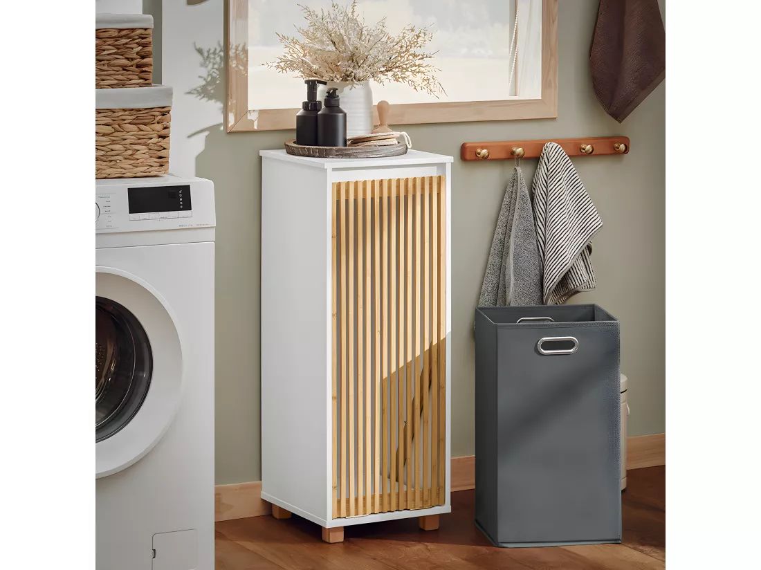 SoBuy Armoire à Linge, Meuble Bas de Salle de Bain, Meuble de Rangement avec 1 Panier à Linge Amovible, Corbeille à Linge, Porte en Bambou, 32x33x85 cm, BZR126-W