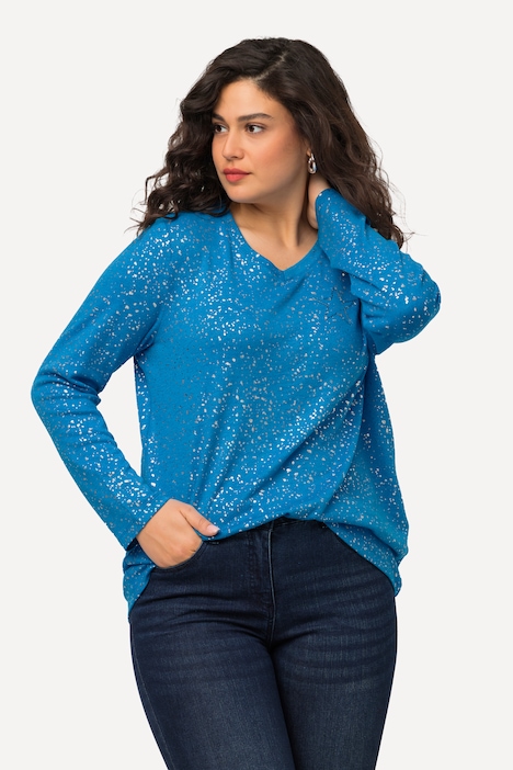 Weihnachts-Sweatshirt, Sterne, V-Ausschnitt, Langarm