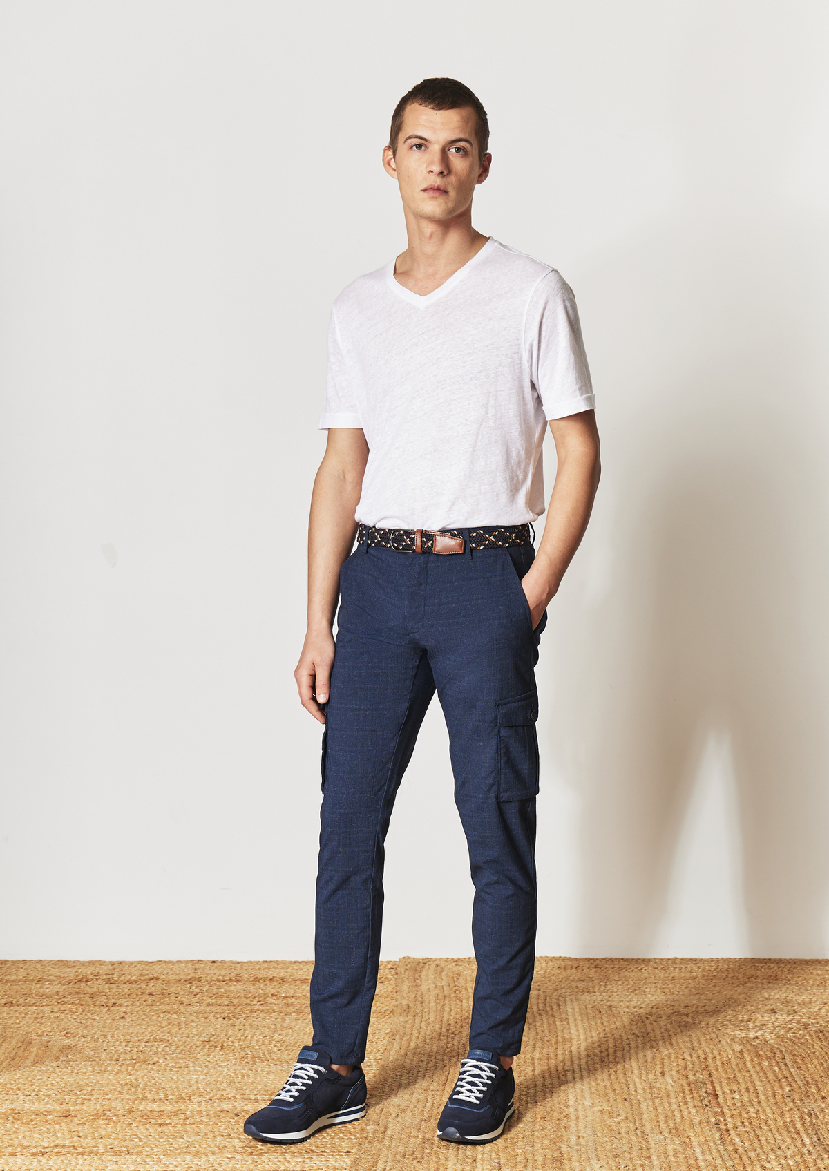 Pantalon cargo skinny uni bleu indigo