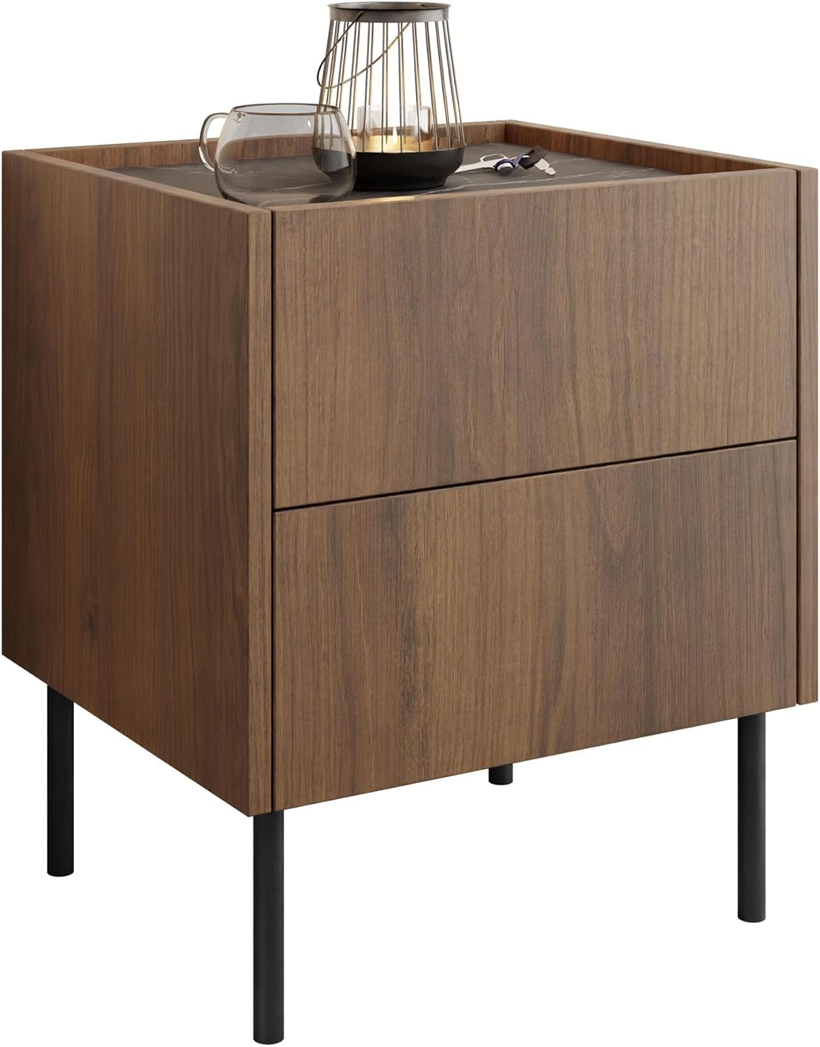 Mirjan24 Nachttisch Tewos S40 S2 mit 2 Schubladen, Metallfüße, Nachtschrank, Nachtkonsole, Nachtkommode, Beistelltisch (Nuss Warmia + Marmor Schwarz)