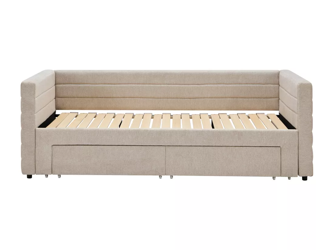 Lit gigogne 2 x 80 x 200 cm - Avec sommier peigne et tiroirs - Tissu texturé - Beige - CAMITY