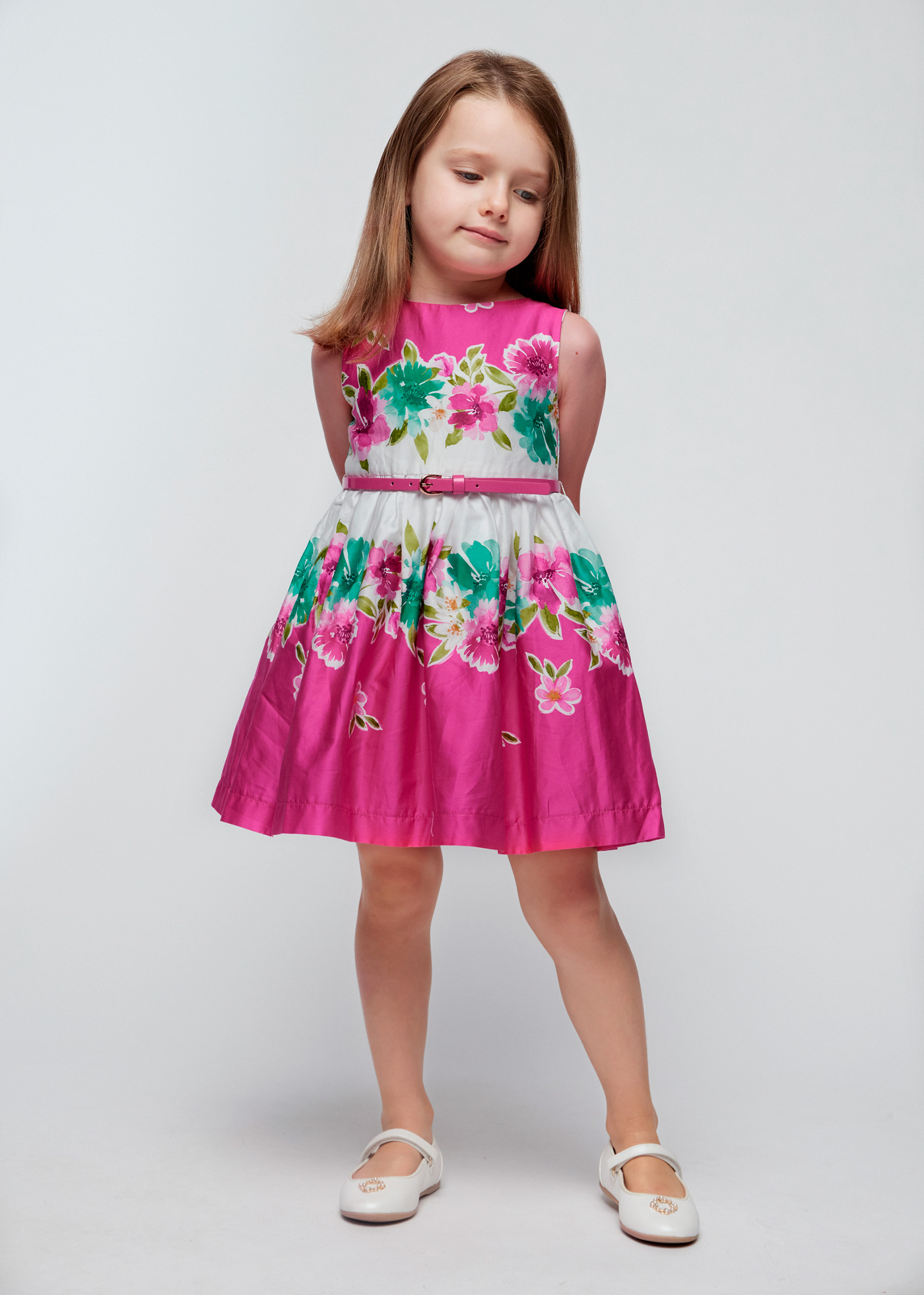 Vestido fúcsia de popeline com cinto para meninas