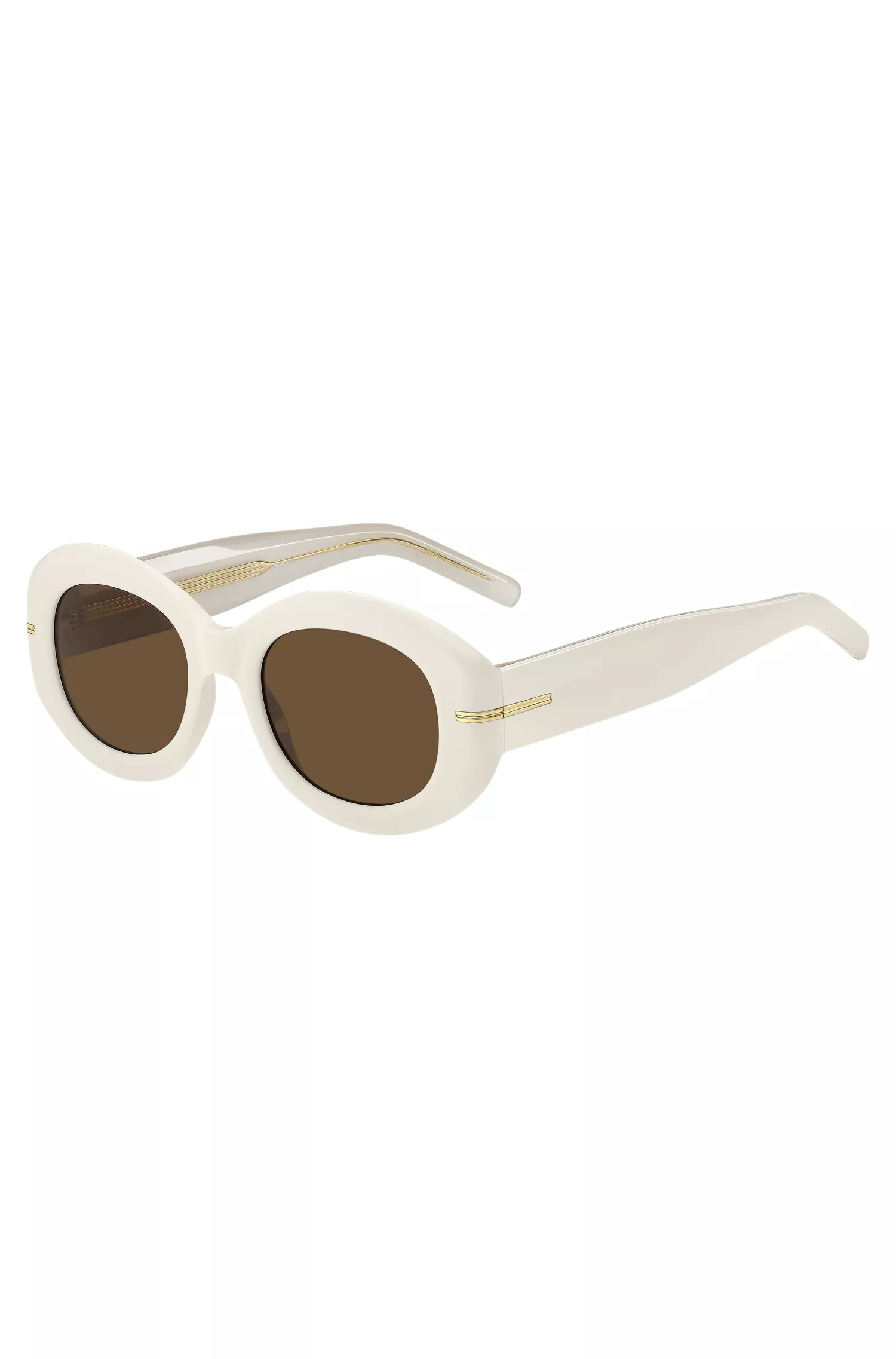 Óculos de sol BOSS em acetato preto e branco com detalhe dourado característico.