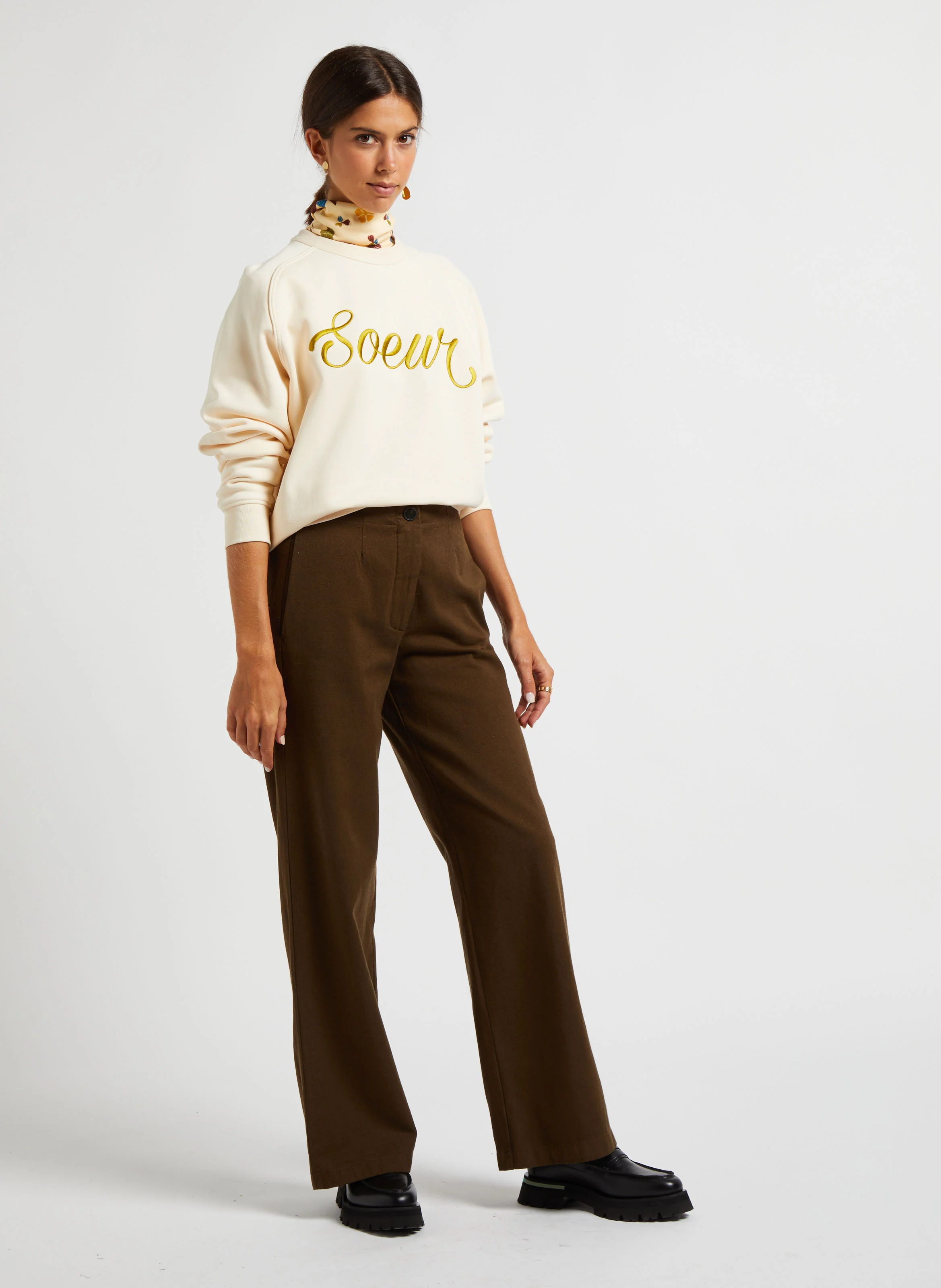 Pantalon large en laine et coton| Vert