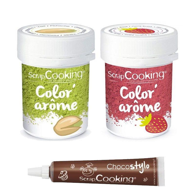 2 colorants alimentaires arômes fraise et pistache + Stylo chocolat Sc