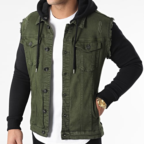 Veste Jean A Capuche 2052 Noir Denim Vert Kaki