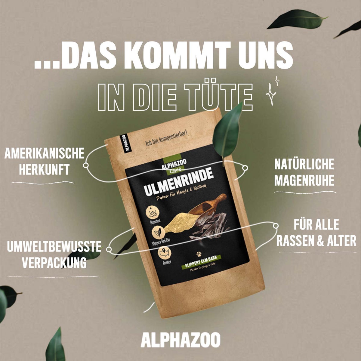 ALPHAZOO Gladde Iepenschorspoeder 120 g voor honden en katten | Amerikaanse gladde iepschors