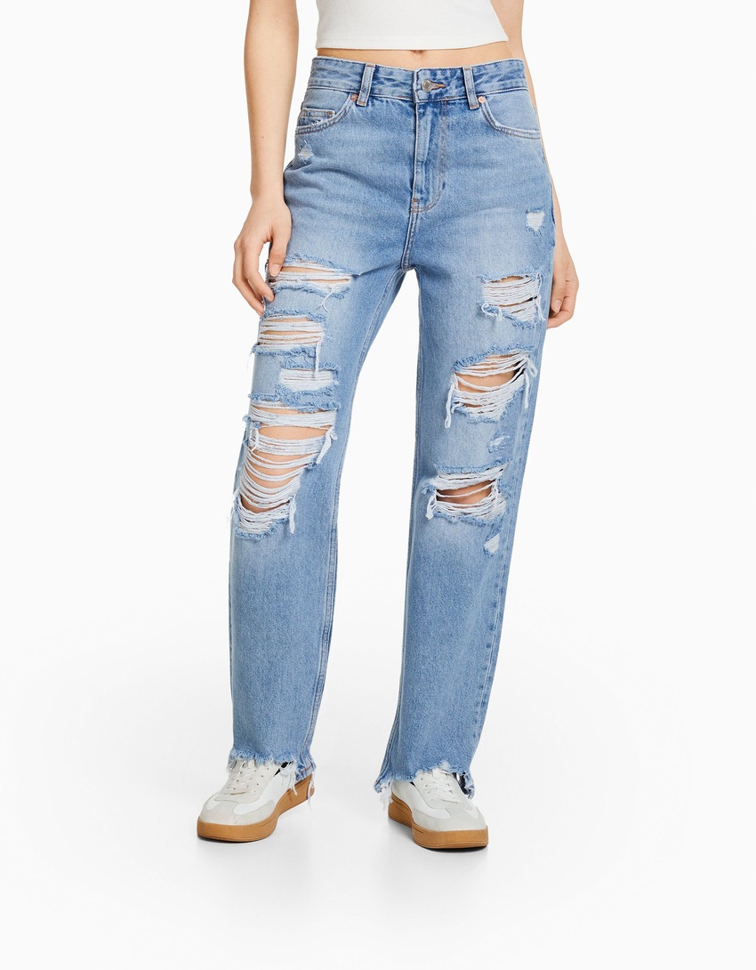 Calça jeans cropped reta rasgada