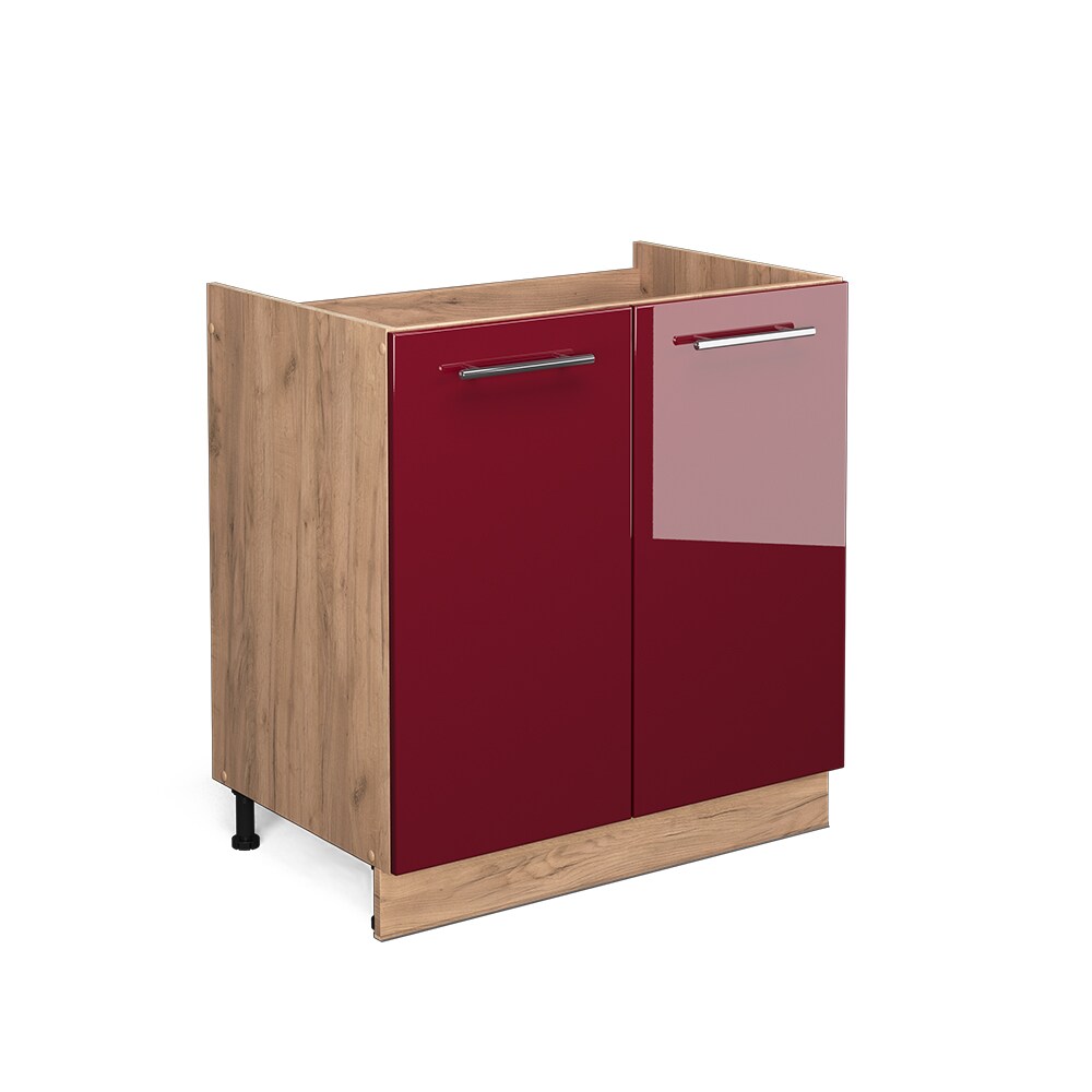 Vicco Spülenunterschrank Küchenschrank Küchenmöbel Fame-Line Eiche Rot Bordeaux modern 80 cm Küche Einbauküche Drehtür Siphonausschnitt Blende Küchenzeile Hochglanz