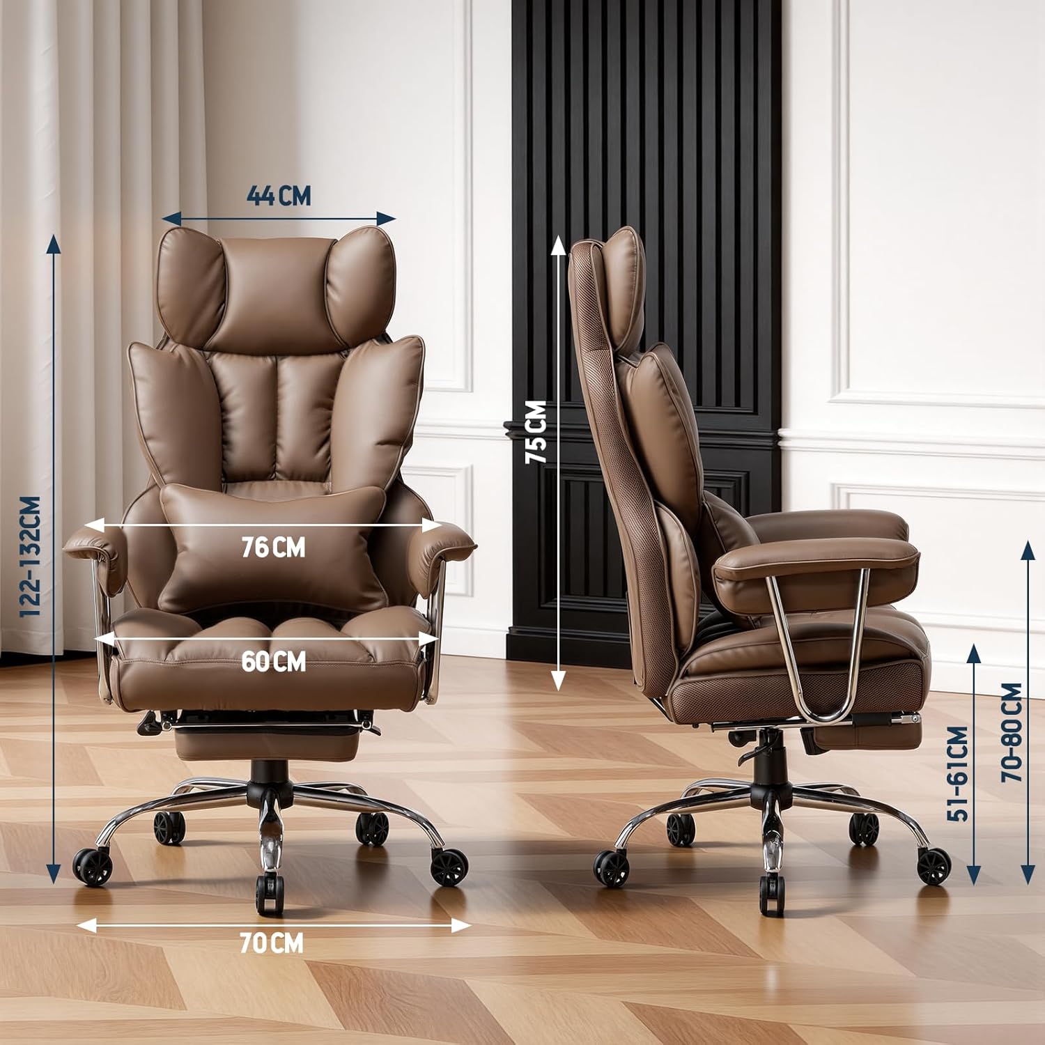 Efomao bürostuhl ergonomisch, PU Leder Chefsessel, bürostuhl 200 kg mit Fußstütze und Lendenwirbelstütze, Verstellbarer Stuhl mit hoher Rückenlehne, Brauner