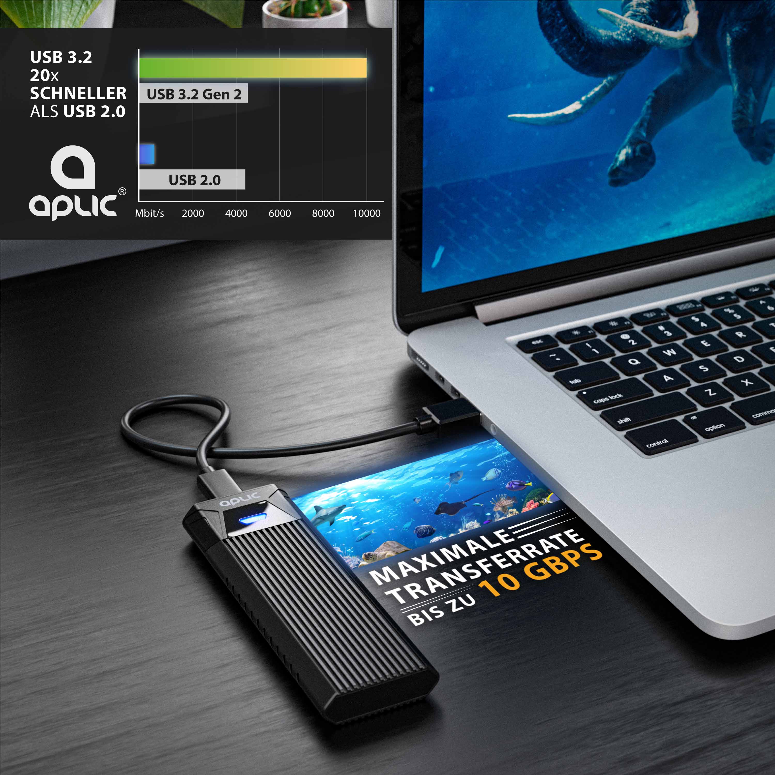 Aplic M.2 NVMe Gehäuse USB 3.2 Gen 2 auf PCIe 3.0 und SATA kompatibel mit 2230, 2242, 2260, 2280