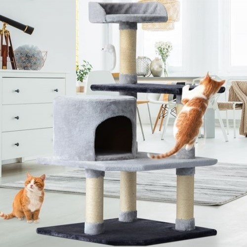 Árvore arranhadora para gatos PawHut com plataformas e casinhas para ratos, bege/cinza