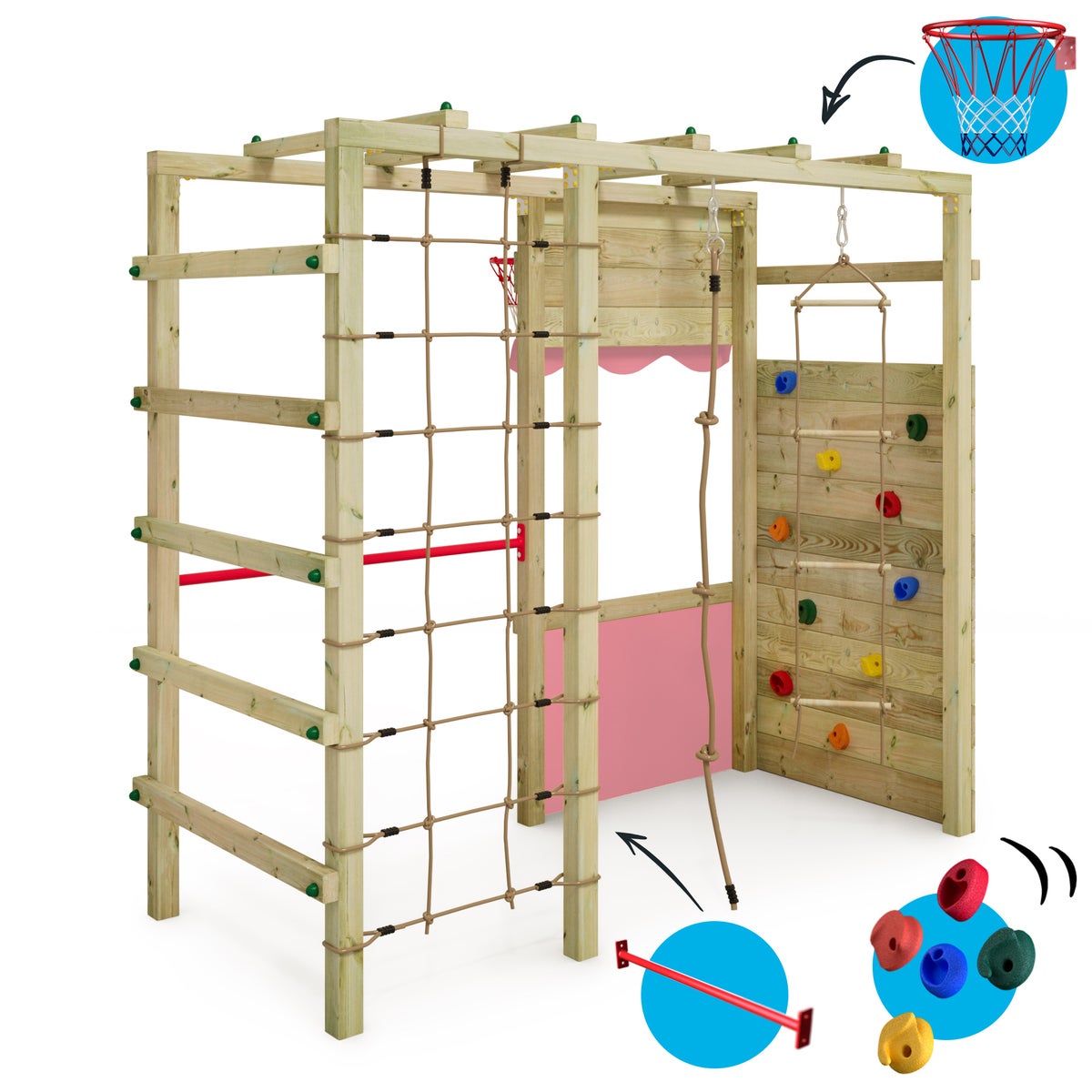 WICKEY Klimrek Speeltoren Smart Action Tuin Speeltoestel met Klimwand en Speelaccessoires – Pastelroze