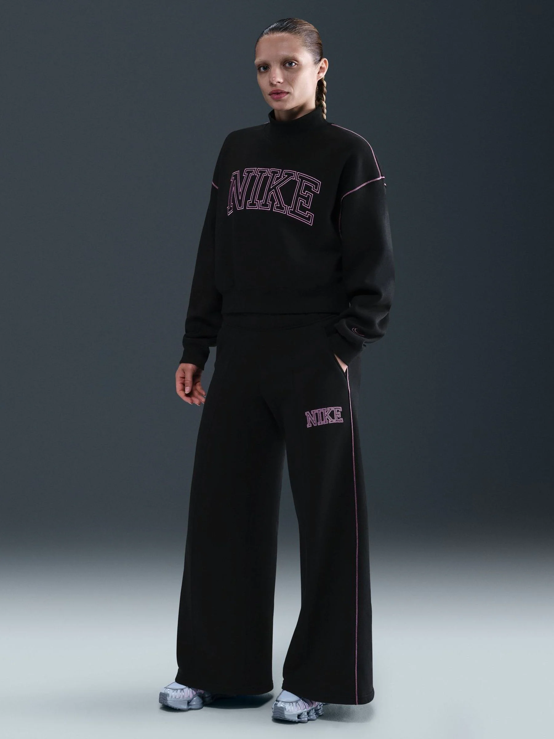 Nike Phoenix Fleece Wide Leg Graphic Print Logo Joggers