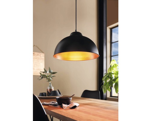 Hanglamp, 1-lichts, HxØ 110x37 cm, zwart, koperkleurige kap binnenin