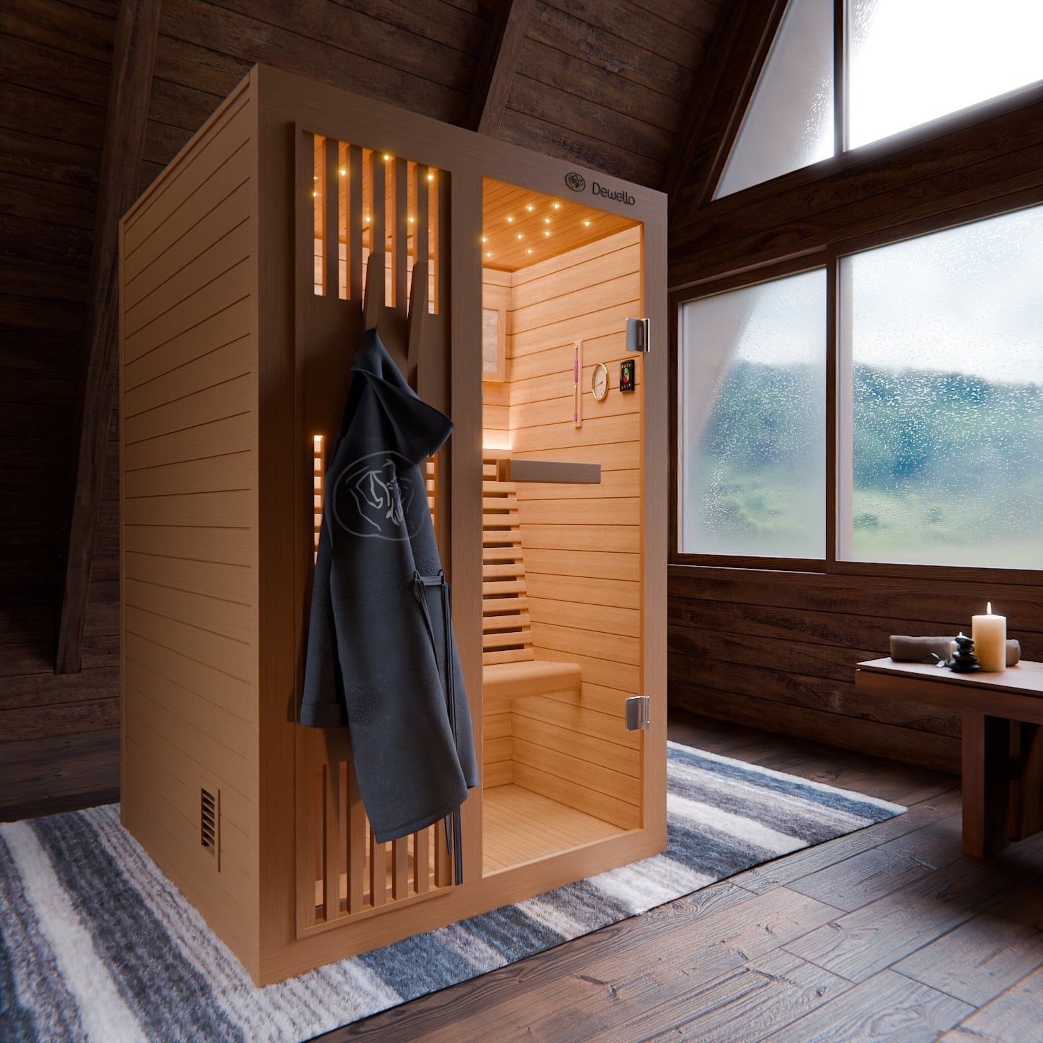 Dewello Finnische Sauna MINTO 120x120 Kabine aus Hemlock Tannenholz mit 3,5 kW Harvia Ofen, inkl Sauna Set