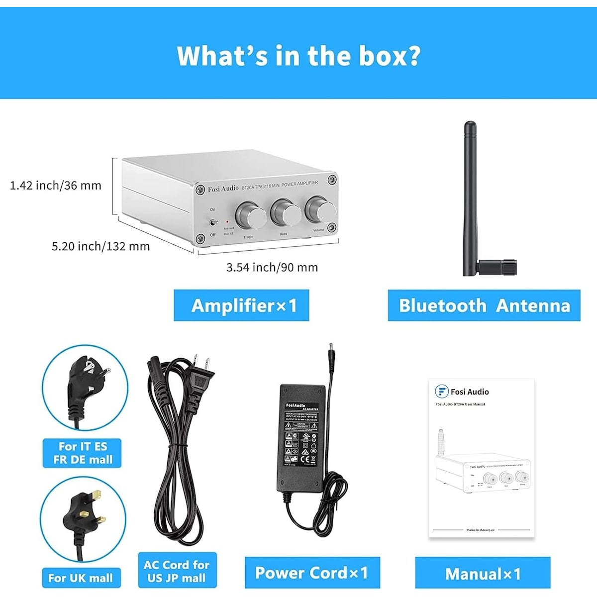 Fosi Audio Bluetooth 5.0 & R/L forsterker 100W x 2 med volum-, bass- og diskantkontroll, hvit