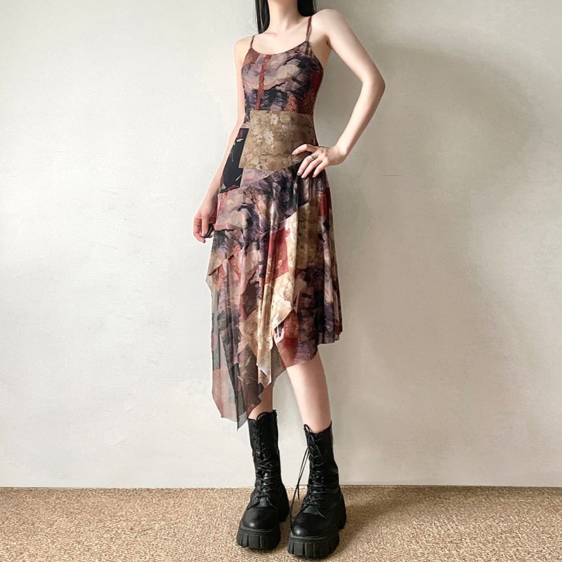 Honey River - Asymmetrische mesh midi-A-lijnjurk met spaghettibandjesprint