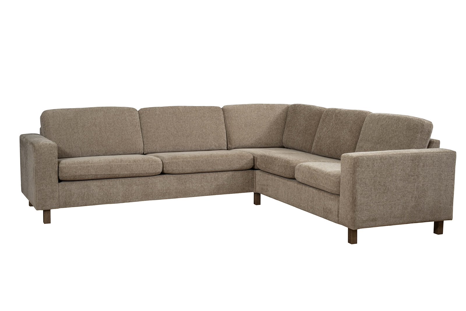 Ellinor hjørnesofa Oppsett F. 3-seter, hjørne 2,5-seter. Tekstil Paloma 1/24 Brown Grey. Arm 1, Duo puter, Firkantet ben 12 cm Mocca. Vendbar