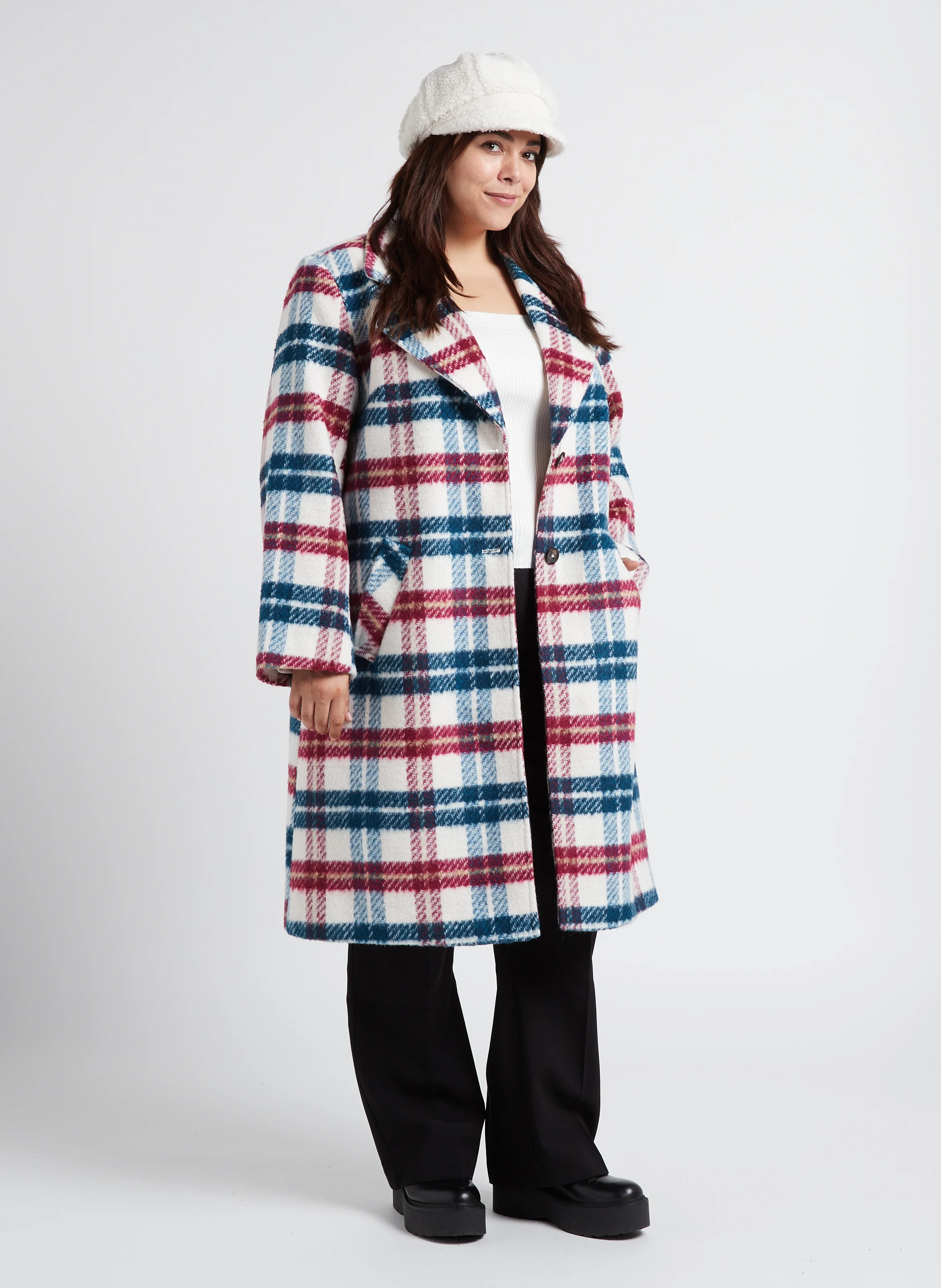MONTA - Manteau col tailleur à carreaux| Blanc