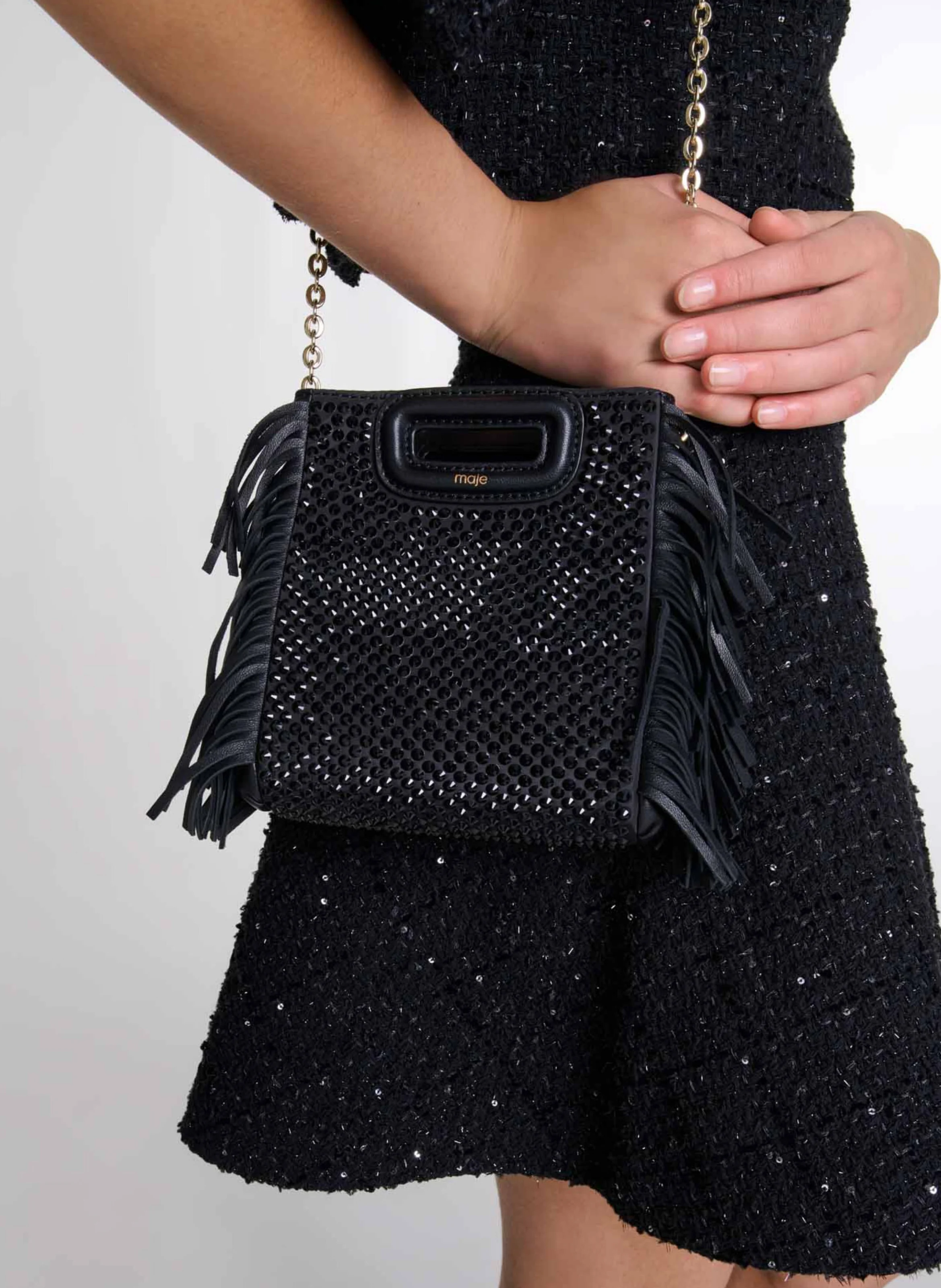 M MINI - Sac bandoulière à strass et franges | Noir
