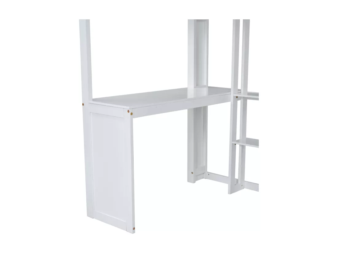 Lit mezzanine en bois de pin et MDF - 90x200 cm - avec étagères au-dessus、bureau et armoire - Blanc