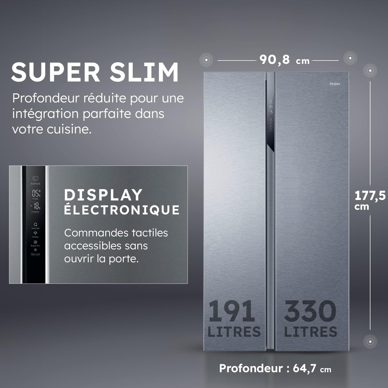 Haier - Réfrigérateur Américain - 2 Portes - Classe Énergétique E - Technologie Total No Frost Multi Air Flow - Inox - 337L + 191L (Congélateur) - 177