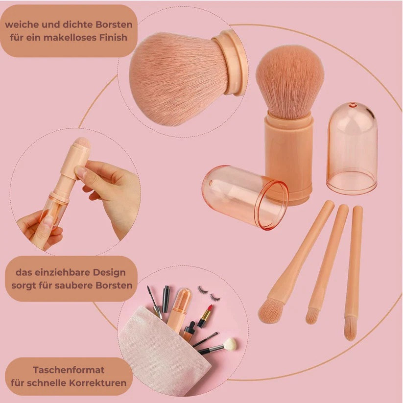 4in1 Make Up Pinsel Set Reise Kosmetik Schminkpinsel mit Deckel - Rosa