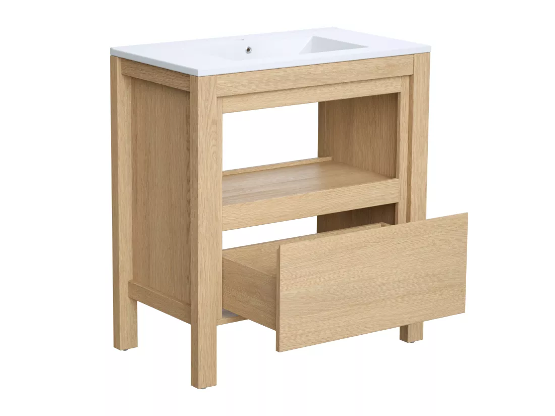 Meuble de salle de bain avec vasque à encastrer - Placage chêne - 80 cm - COSMOTI