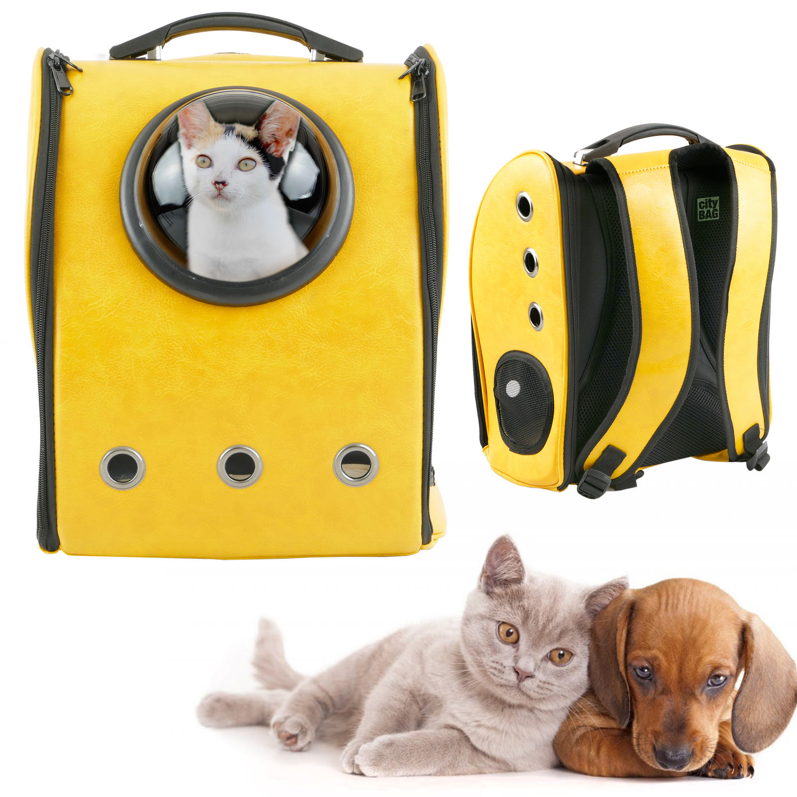 Mochila transportadora para animais de estimação, para cães e gatos, em couro sintético, amarela.