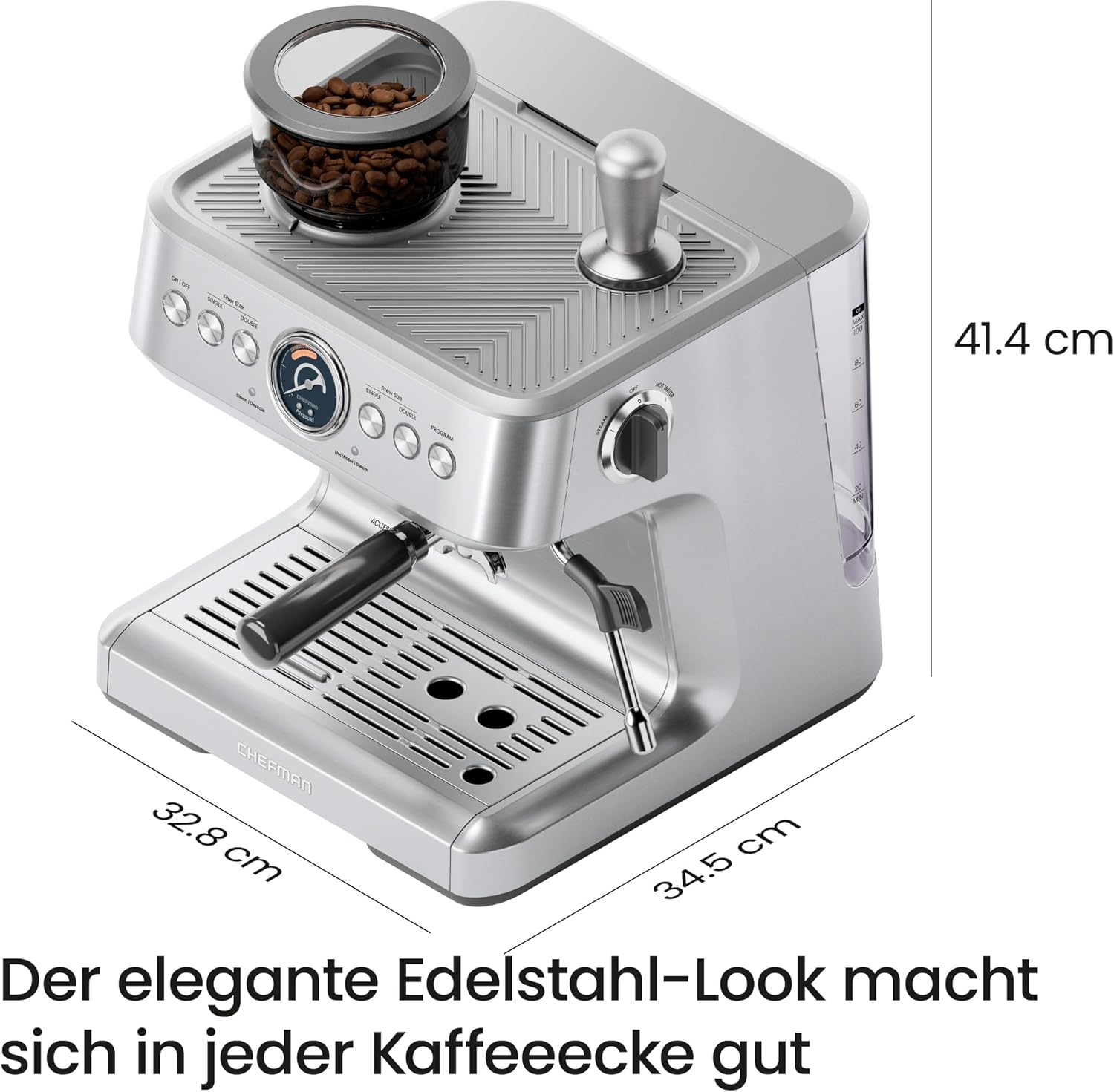 Chefman Crema Supreme 15 Bar Espressomaschine mit Milchaufschäumer, Barista Dampfstab, professionelle Kaffeemaschine mit Kaffeemühle, 30 Mahlgradeinstellungen, 3L abnehmbarer Wassertank - Edelstahl
