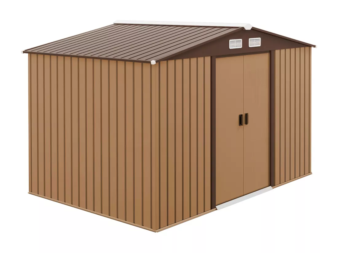 Abri de jardin - remise pour outils - cabanon double porte coulissante - fondation incluse - dim. 277L x 191l x 192H cm - tôle d'acier ondulée terracotta
