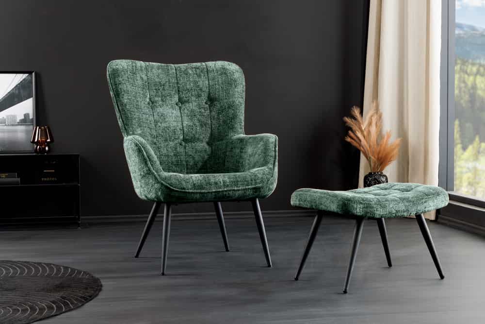 Design Sessel SCANDINAVIA grün Chenille Cremona schwarz Metall mit Armlehne