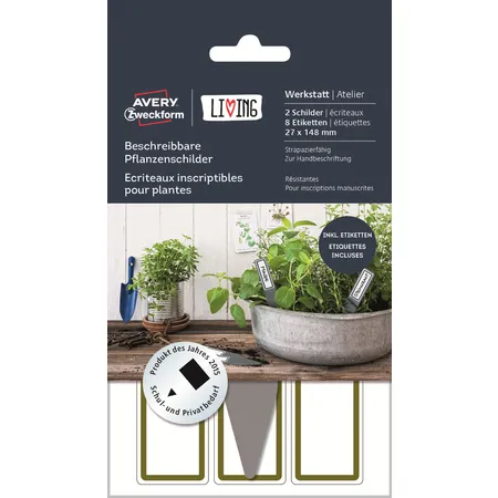 Avery Zweckform 62029 Beschreibbare Pflanzenschilder, Div. Formate, Schild 26 x 145 mm; Etikett 22 x 68 mm, 2 Stück/8 Etiketten, grau, weiß