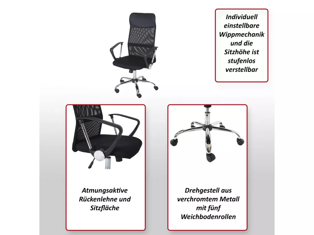 Chaise de bureau Malmö, Fauteuil/siège de bureau Oslo, ergonomique, simili-cuir/filet, noir