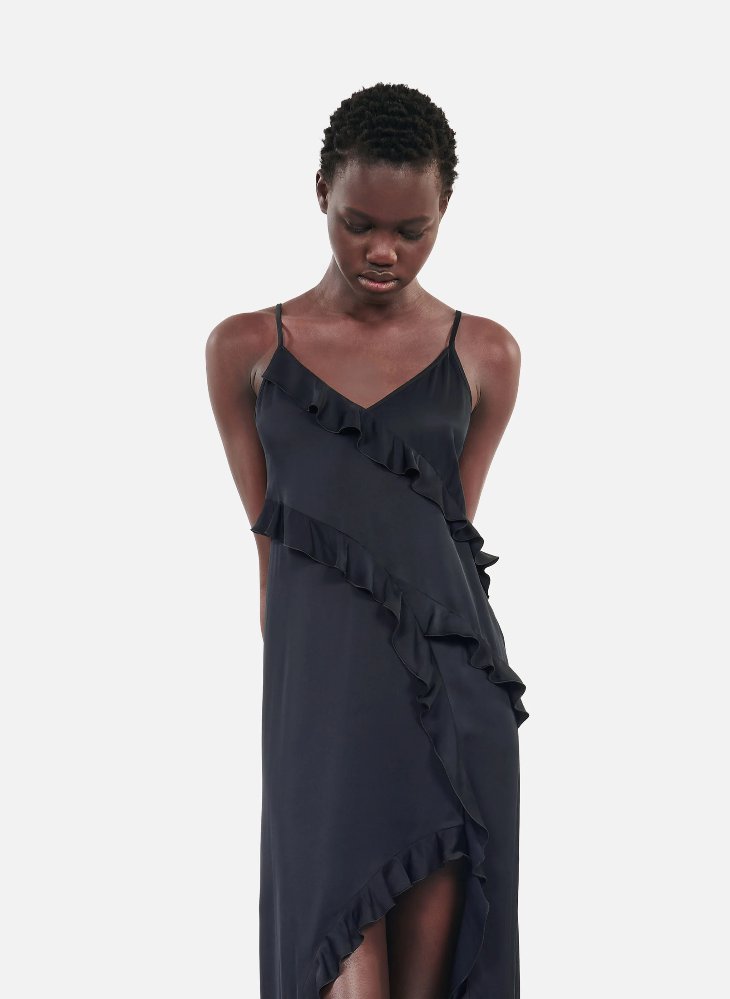 Robe midi ajustée col V | Noir