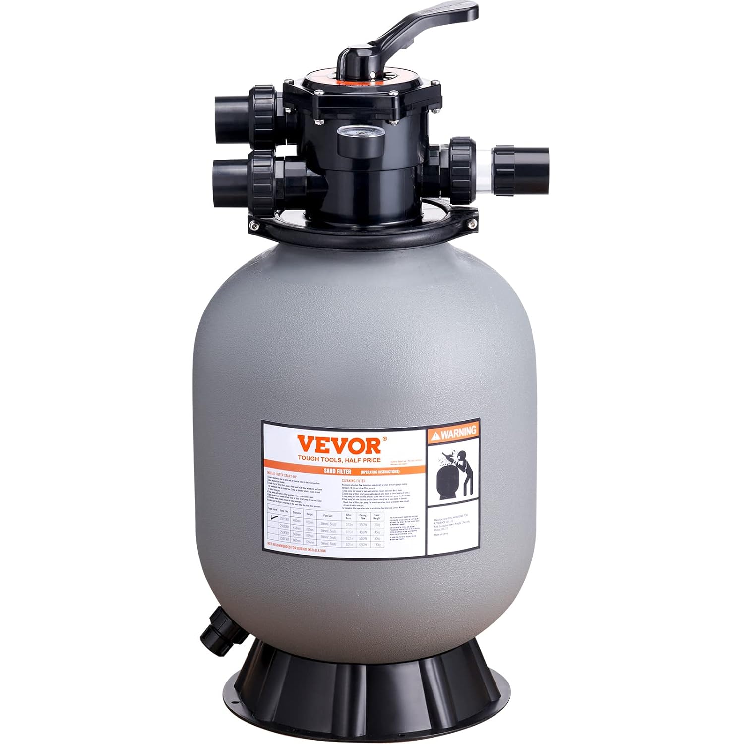 VEVOR Sandfilteranlage 35GPM Durchfluss Filteranlage 406,4mm Sandfilter 1-1/2Zoll Einlass-/Auslassdurchmesser Filterkessel HDPE Filterpumpe 7-Wege-Mehrwegeventil Sandfilterpumpe 400x400x820mm
