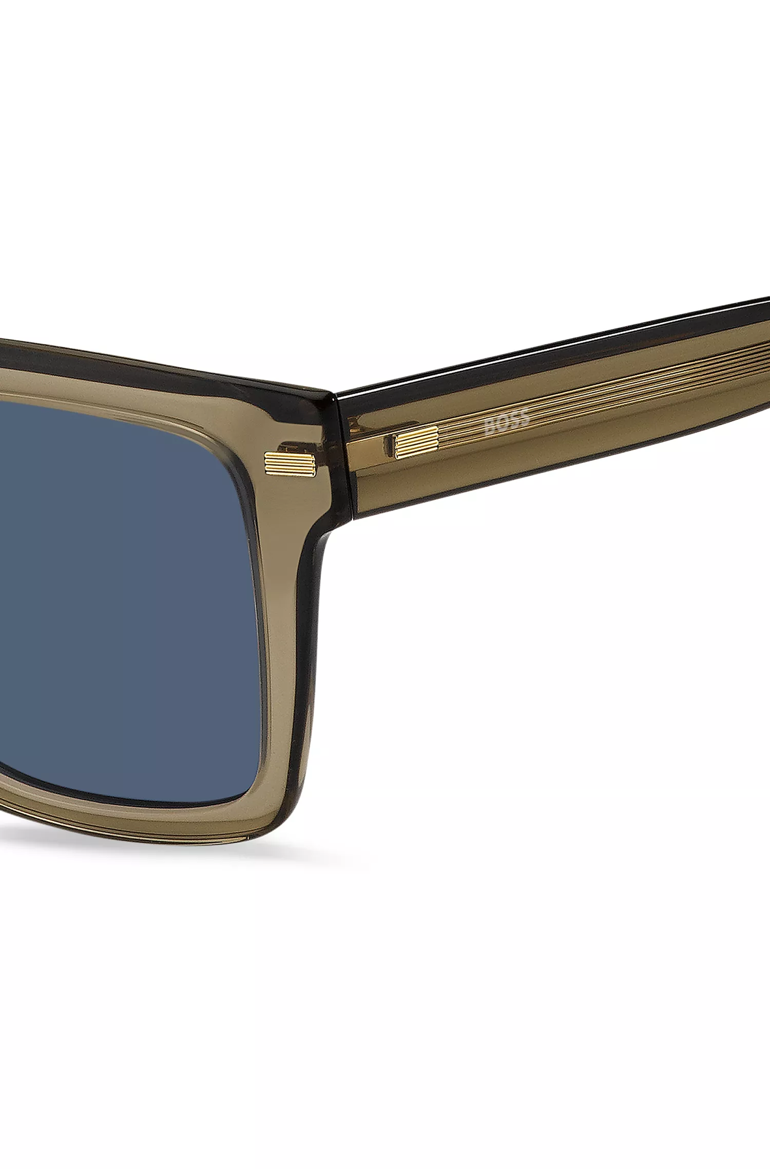 Óculos de sol BOSS em bioacetato preto e marrom com rebites estampados.