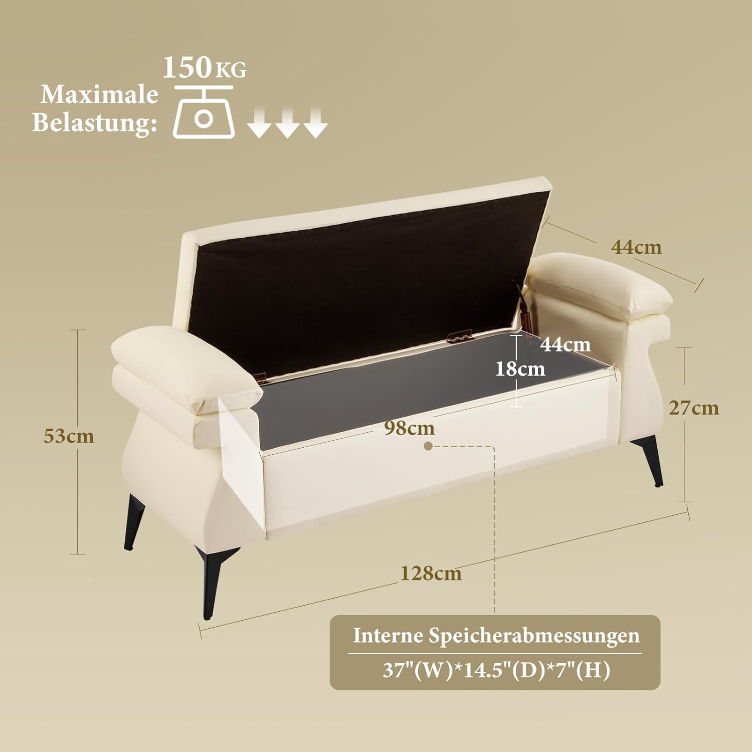 Sitzbank mit Stauraum 128cm, Große Aufbewahrungsbank mit Kissen, Fußbank, Bettbank, Sitztruhe mit Armlehnen aus PU-Kunstleder für Wohnzimmer Schlafzimmer Flur, Schuhbank, Beige