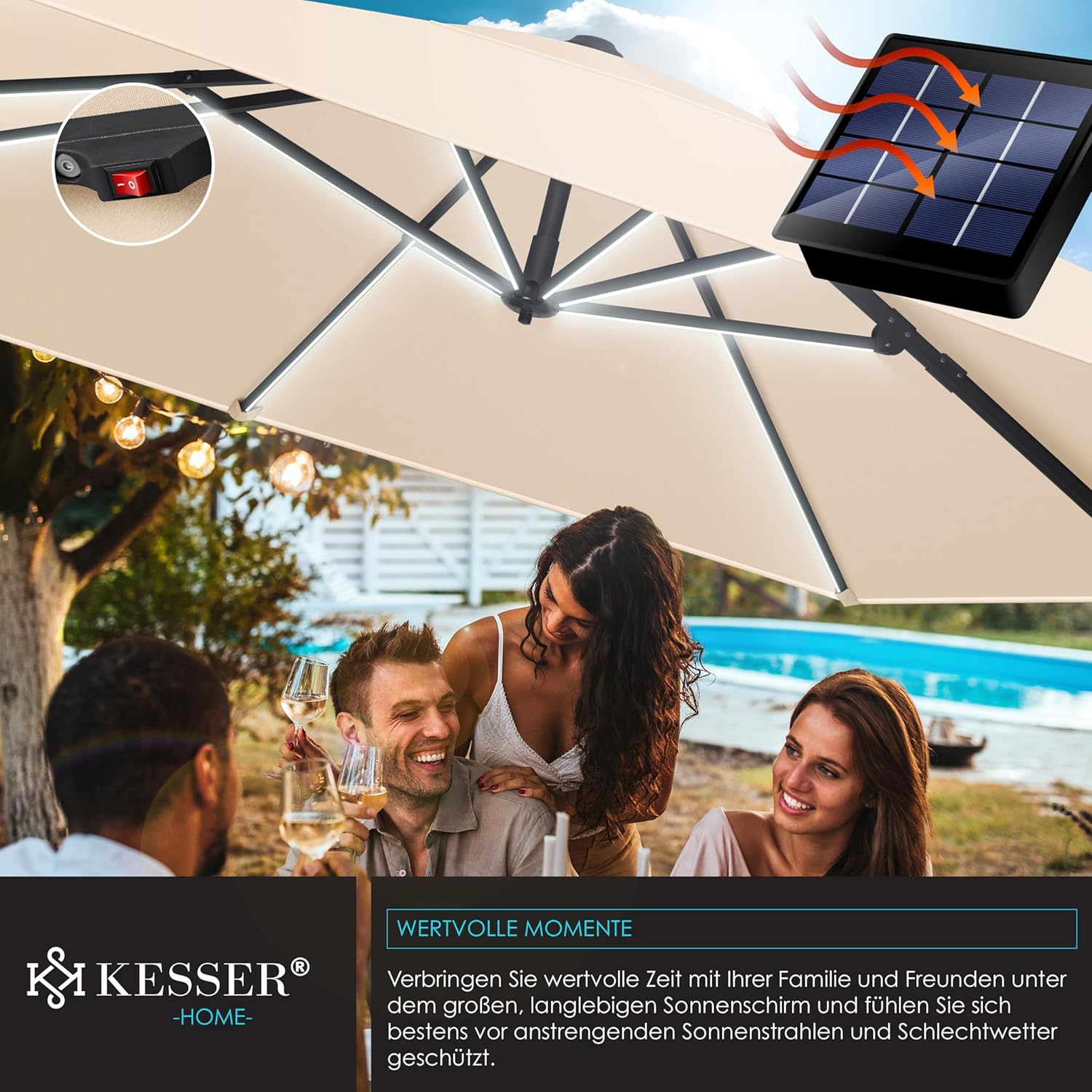 KESSER® Sonnenschirm LED Solar Ampelschirm SUN XL 300 x 300 cm Inkl. Abdeckung +Windsicherung Drehbar Neigbar Kippbar Marktschirm Groß 360° Rotation, Gartenschirm mit Kurbel Sonnenschutz, Beige