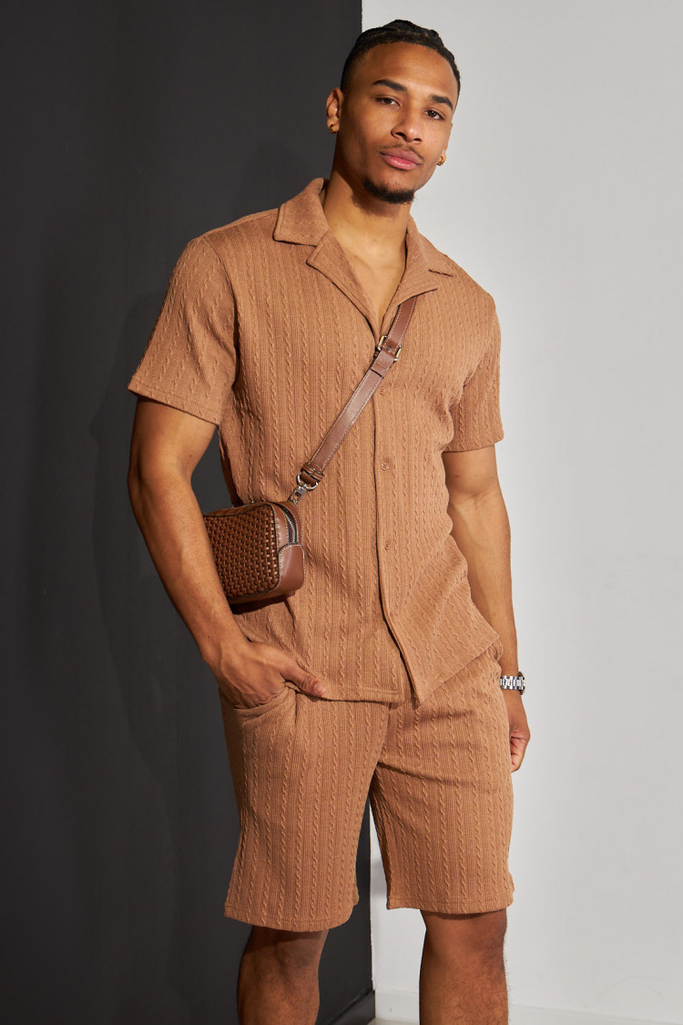 Ensemble 2 pièces chemise + short marron à motif vague