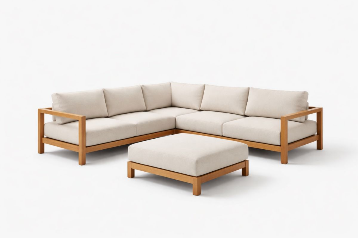 Ecksofa-Set mit Holzrahmen und Ottomane, Stoff Beige