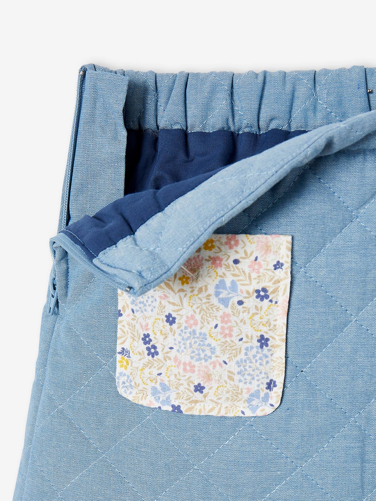 Saia jeans com matelassê e bolsos com estampa floral para meninas, pedraria dupla