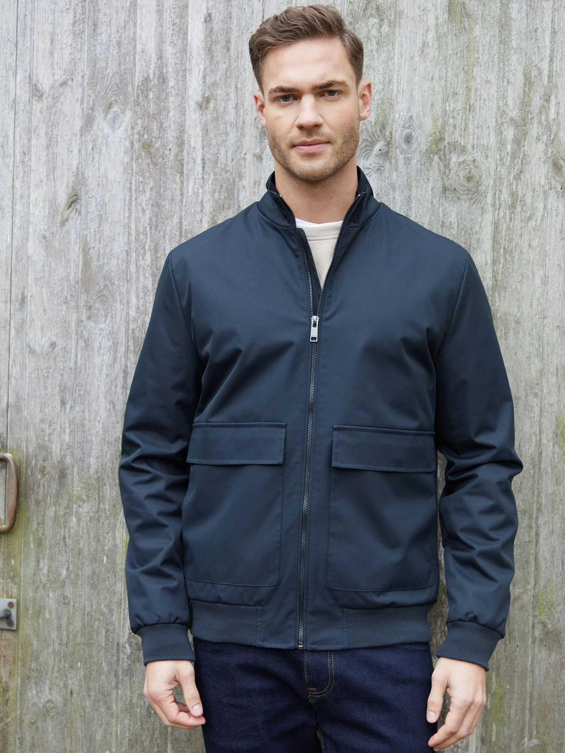 Blauw - Threadbare Patch Pocket Funnel Neck Harrington Style Jacket
