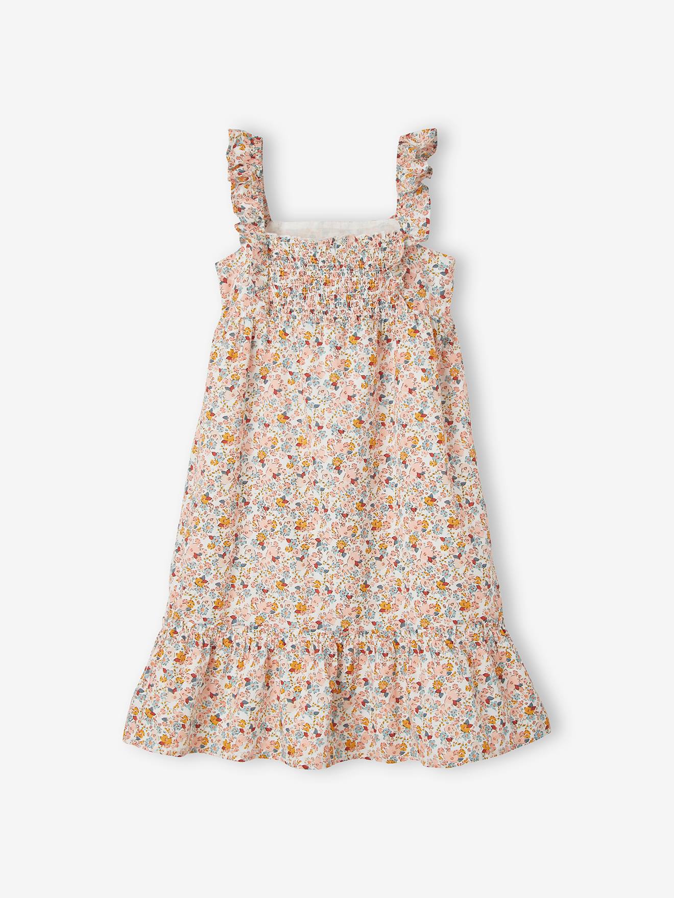 Vestido longo de alças finas com babados, para meninas, estampa amarelo escuro.