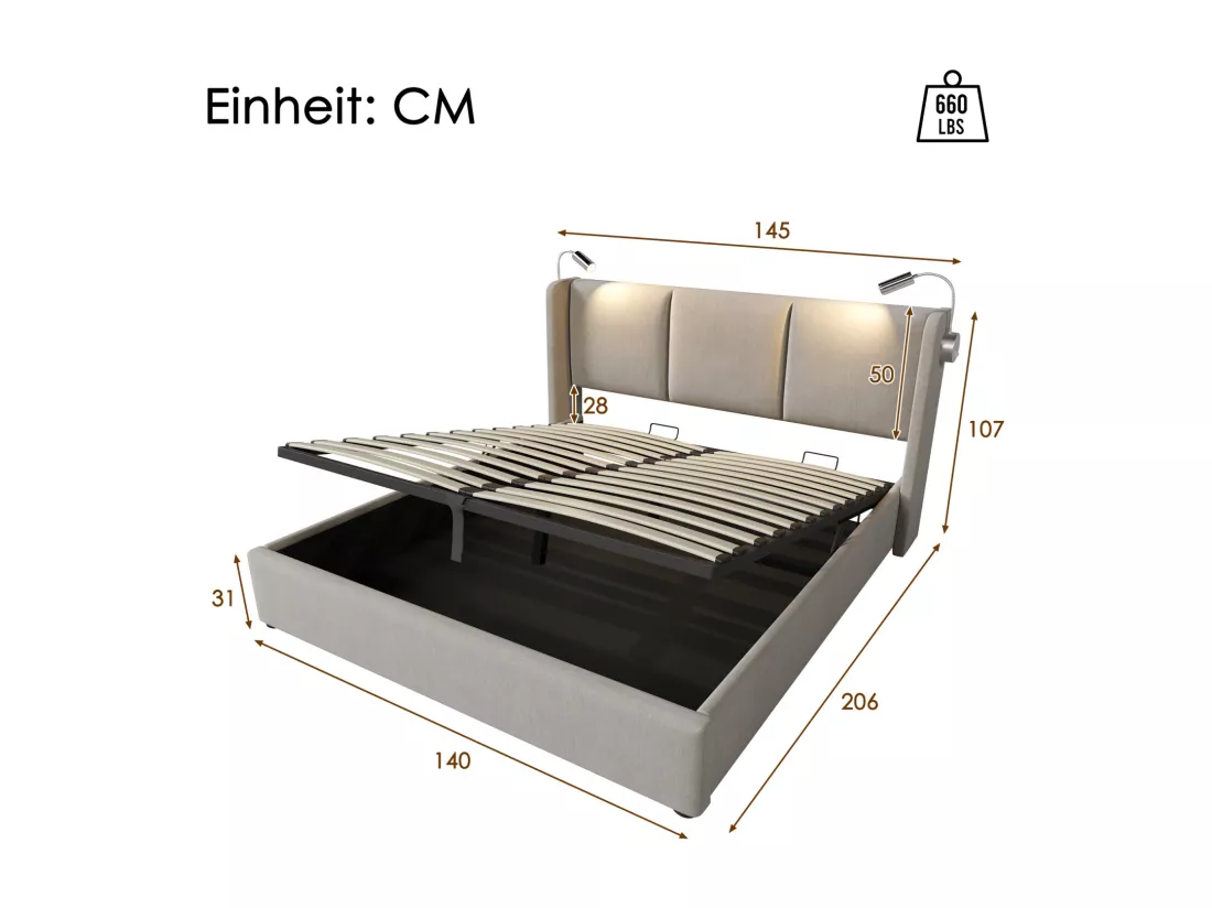 Lit hydraulique avec lampe de lecture - 140x200 cm - charge USB et grand rangement - Lin - Beige
