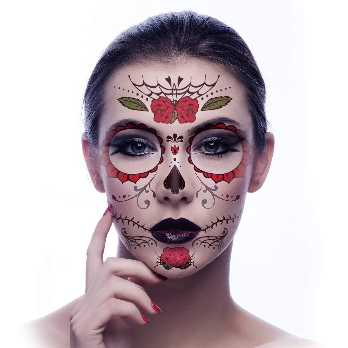 (9-tlg. Set) Halloween Totenkopf Gesichts Tattoo Tag der Toten - La Calavera Catrina