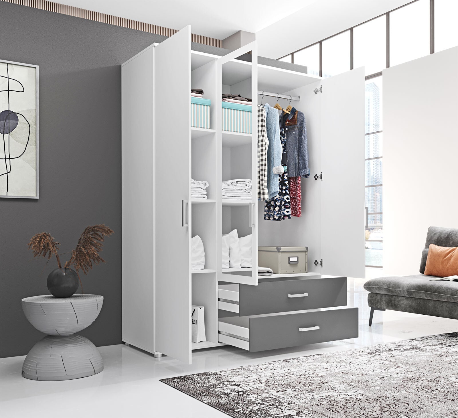 Kleiderschrank Inga 3-trg. 125x190x51 cm, weiß/graphit